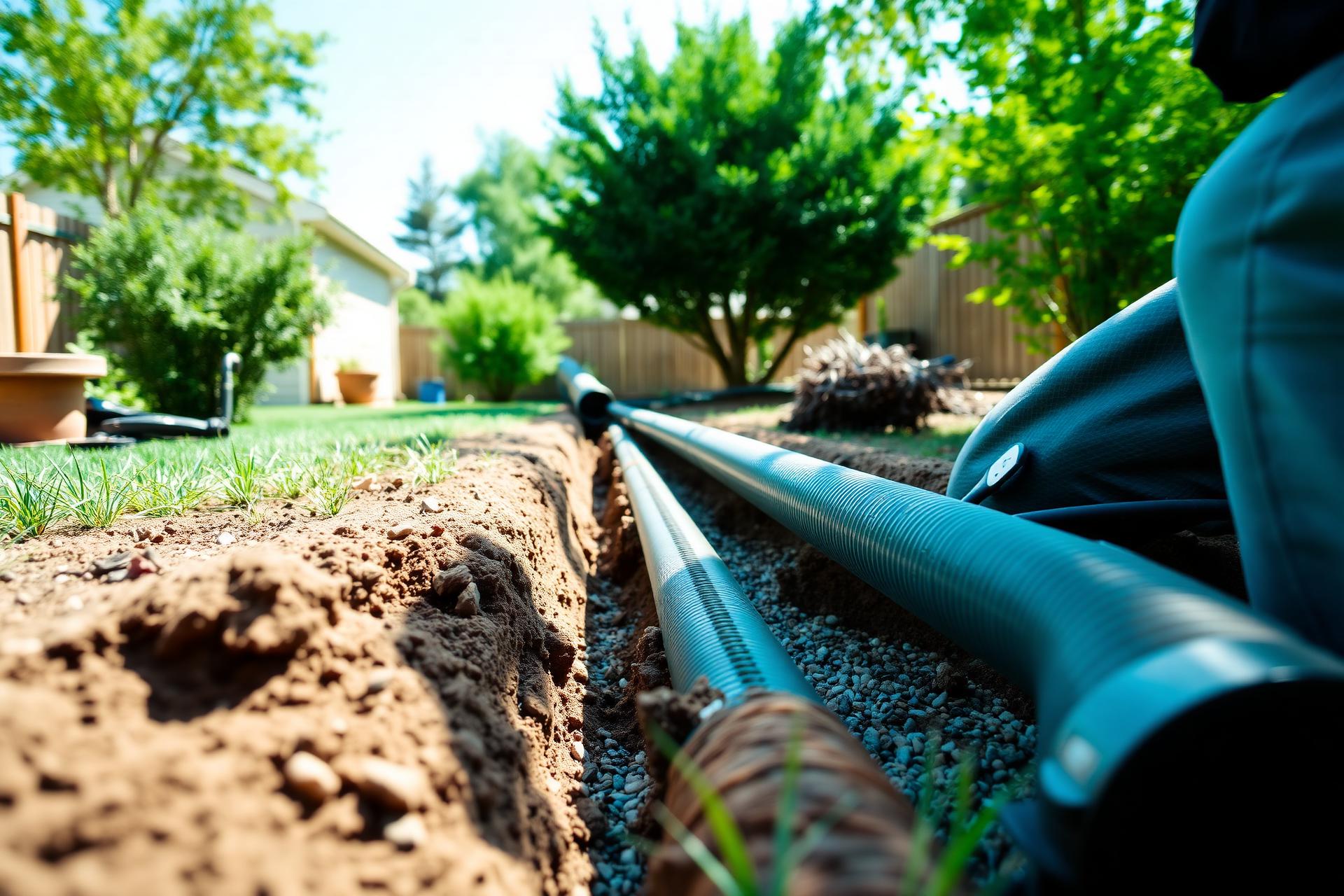 French drain installation in a backyard